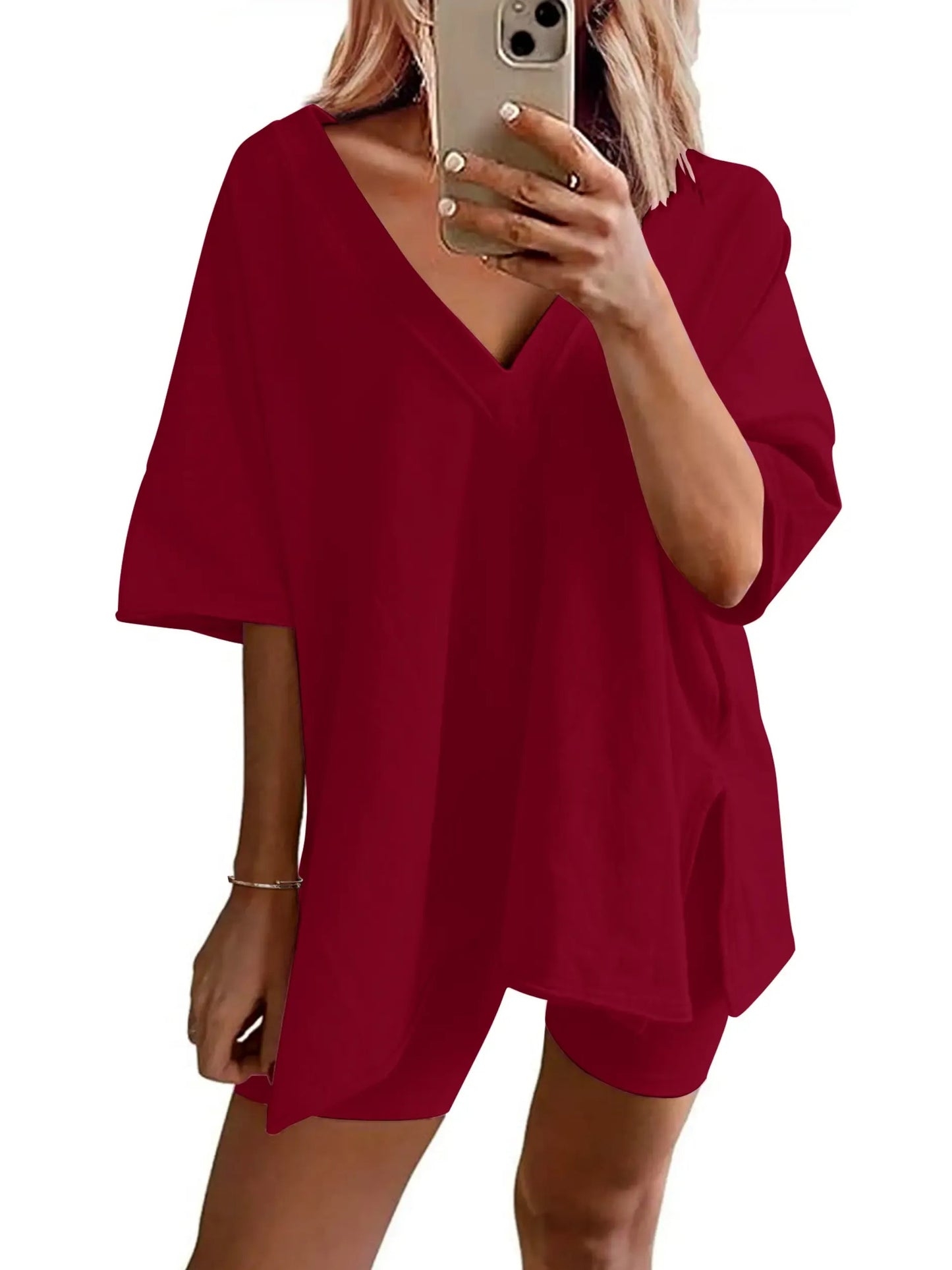 Women's Oversized V Neck Short Sleeve Two Piece Short Set