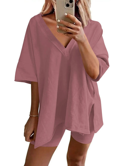 Women's Oversized V Neck Short Sleeve Two Piece Short Set