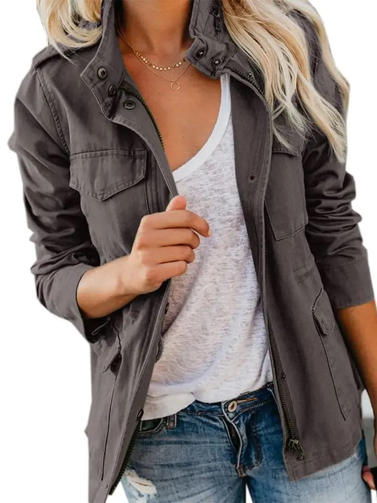 Women's Stand Collar Multi-Pocket Cargo Jacket