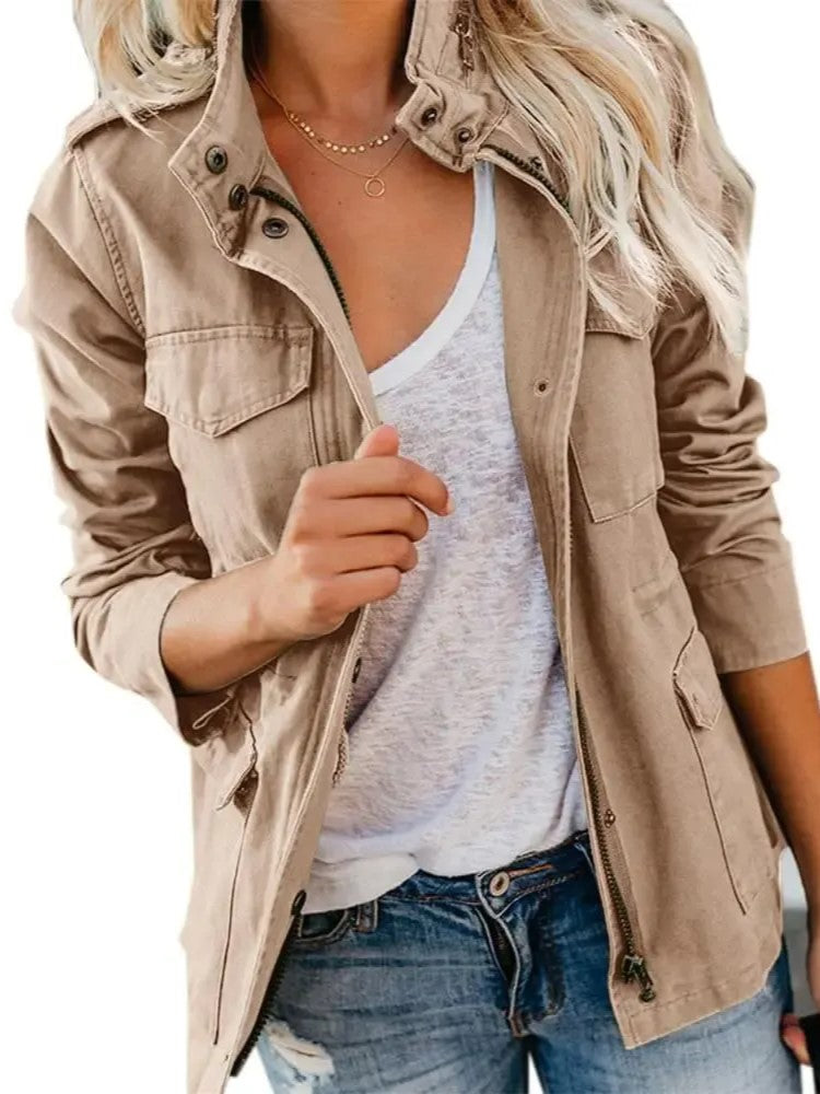 Women's Stand Collar Multi-Pocket Cargo Jacket