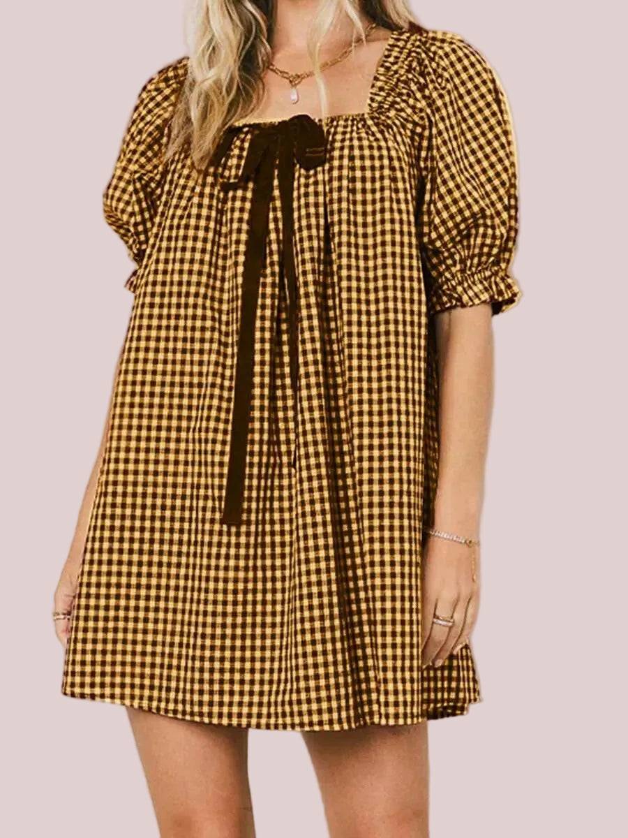 Women's Gingham Square Neck Bow Puff Sleeve Mini Dress