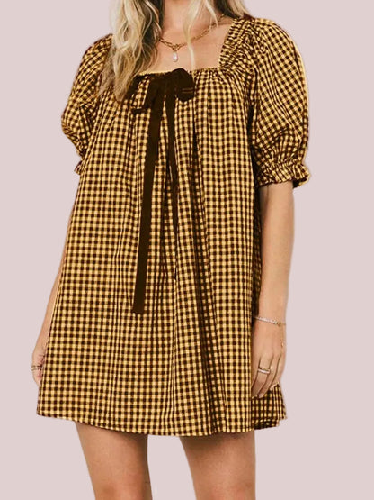 Women's Gingham Square Neck Bow Puff Sleeve Mini Dress