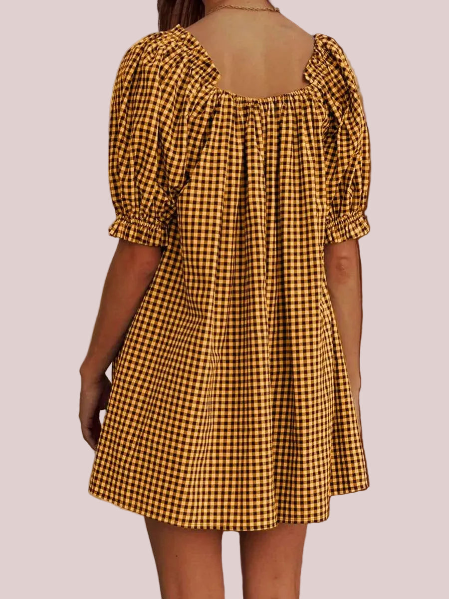 Women's Gingham Square Neck Bow Puff Sleeve Mini Dress