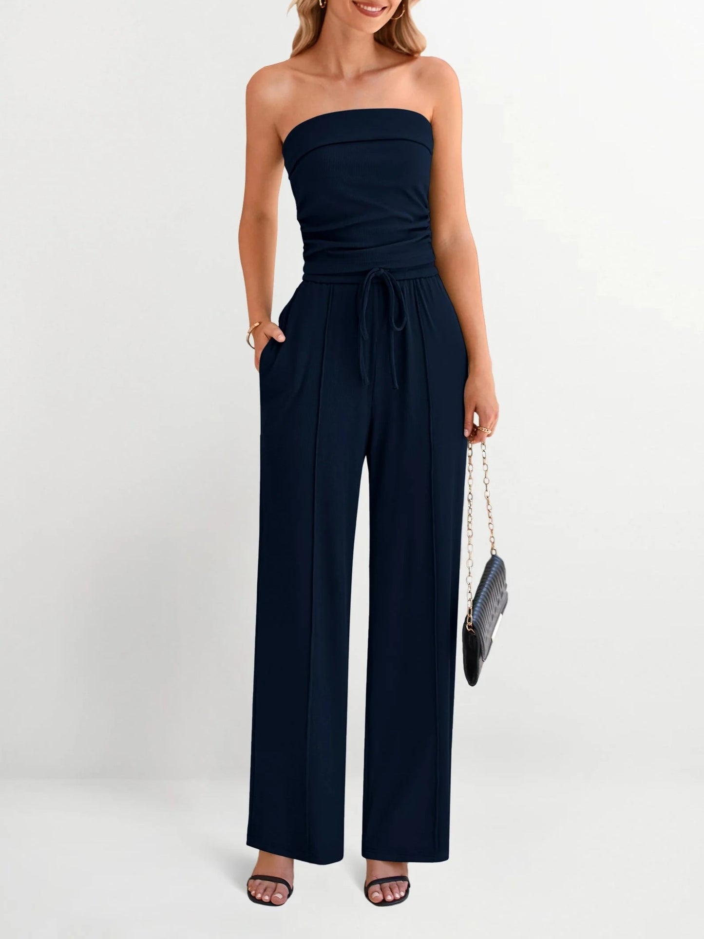 Women's Strapless Tube Top & Drawstring Wide Leg Pants Set