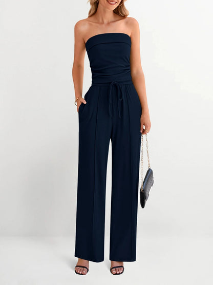 Women's Strapless Tube Top & Drawstring Wide Leg Pants Set