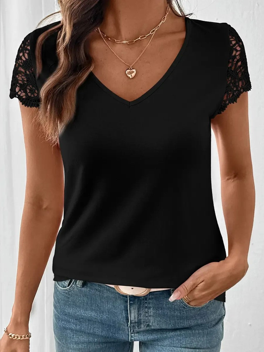 Women's Hollow Out Lace Sleeve Tee
