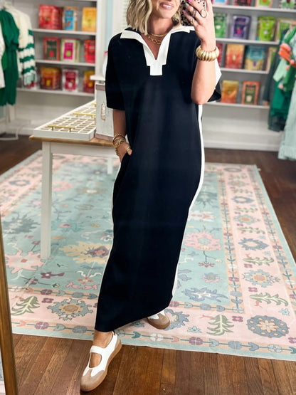 Women's Color Block V-Neck Slit Maxi Dress