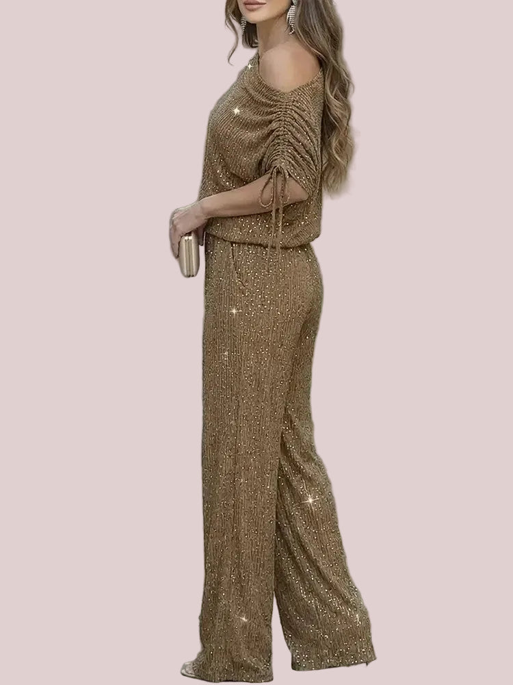 Women's Sparkle Off Shoulder Drawstring Top & Wide Leg Pants Set