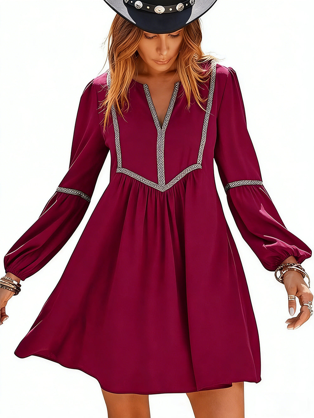 Women's Ruched Notched Long Sleeve Mini Dress