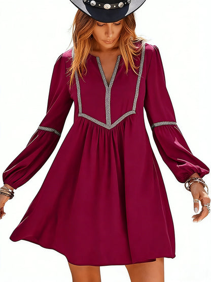 Women's Ruched Notched Long Sleeve Mini Dress
