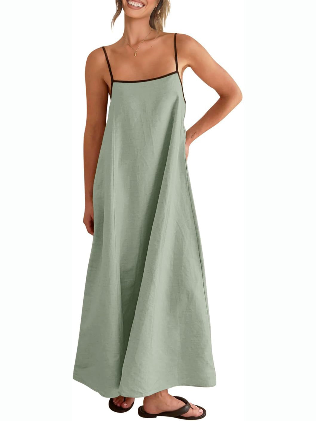 Women's Color Block Spaghetti Strap Maxi Dress with Pockets