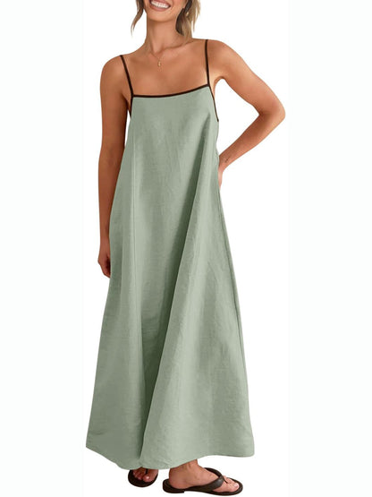 Women's Color Block Spaghetti Strap Maxi Dress with Pockets