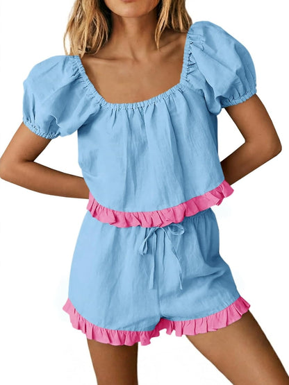 Women's Square Neck Frill Trim Matching Outfit