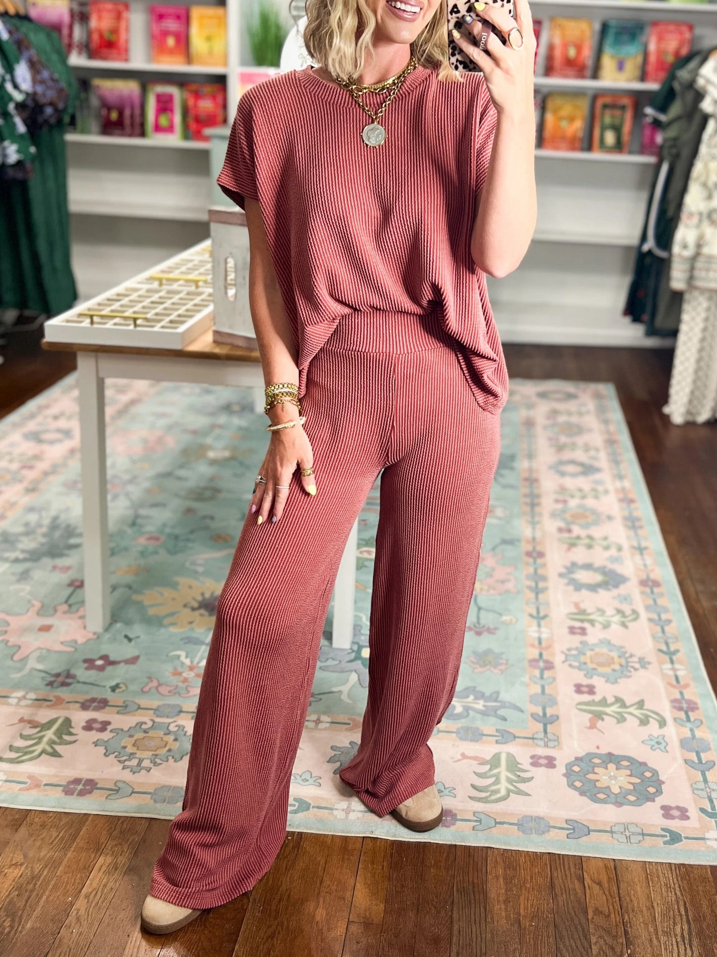 Women's Ribbed Short‑Sleeve Top & Wide Leg Pants Set