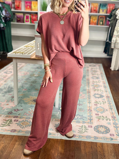 Women's Ribbed Short‑Sleeve Top & Wide Leg Pants Set