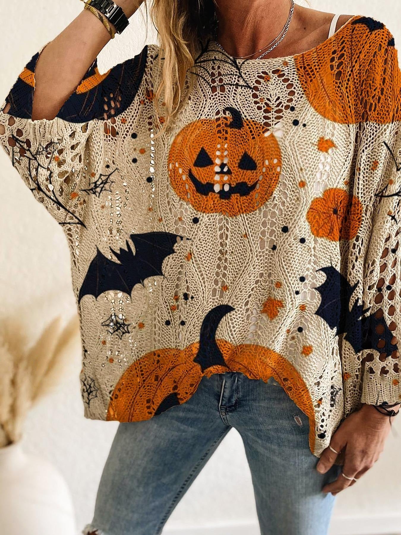Halloween Pumpkin Bat Hollow‑out Knit Top