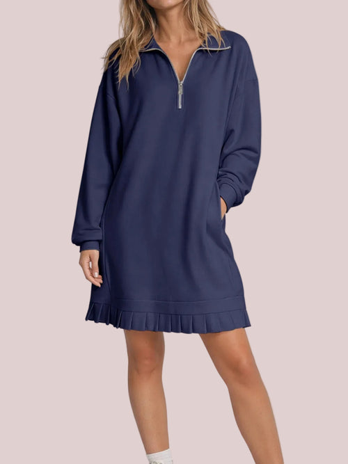 Women's Half Zip Sweatshirt Dress with Pleated Hem