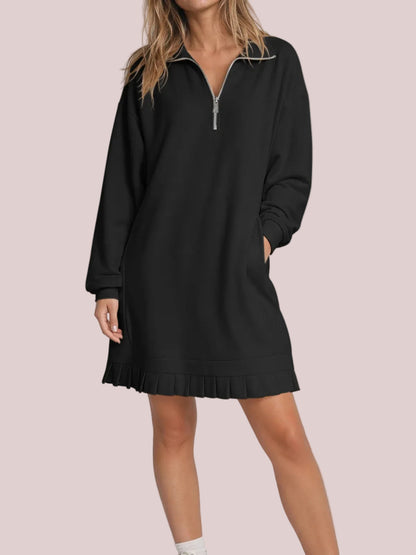 Women's Half Zip Sweatshirt Dress with Pleated Hem