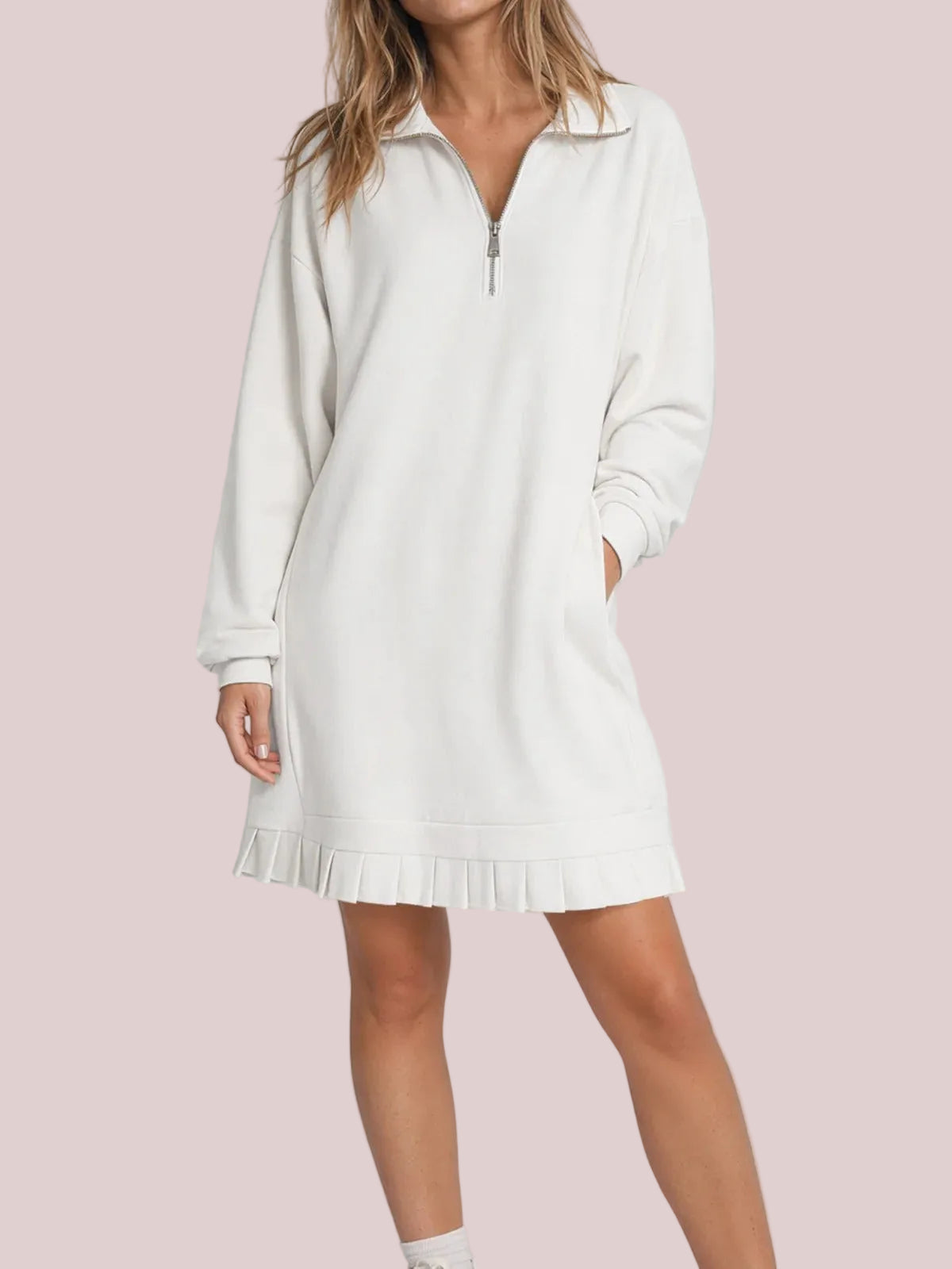 Women's Half Zip Sweatshirt Dress with Pleated Hem