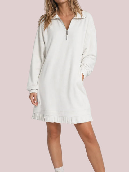 Women's Half Zip Sweatshirt Dress with Pleated Hem