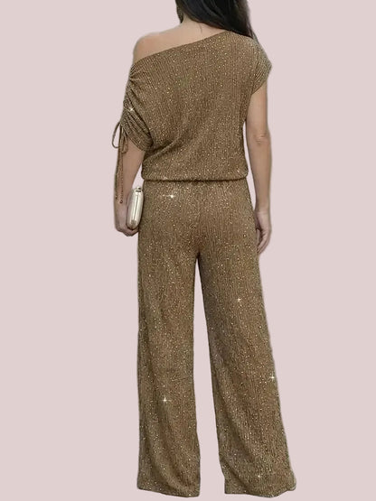 Women's Sparkle Off Shoulder Drawstring Top & Wide Leg Pants Set