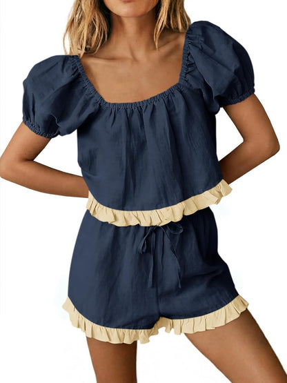 Women's Square Neck Frill Trim Matching Outfit