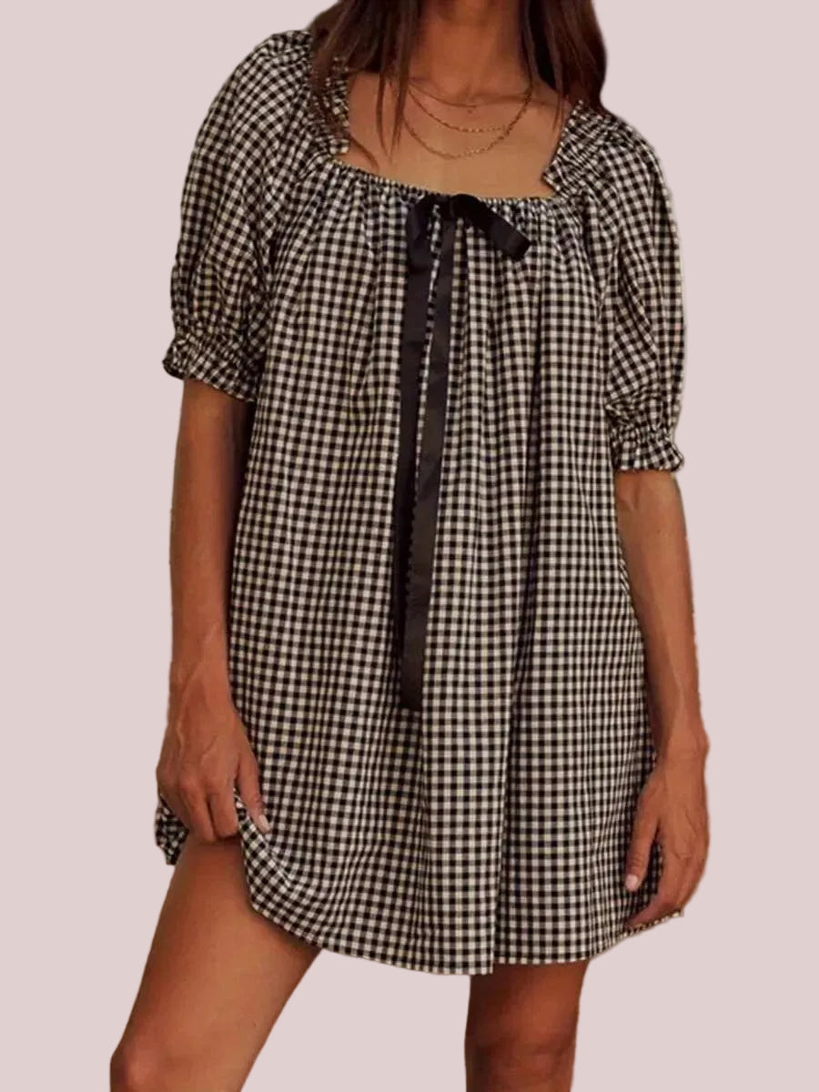 Women's Gingham Square Neck Bow Puff Sleeve Mini Dress