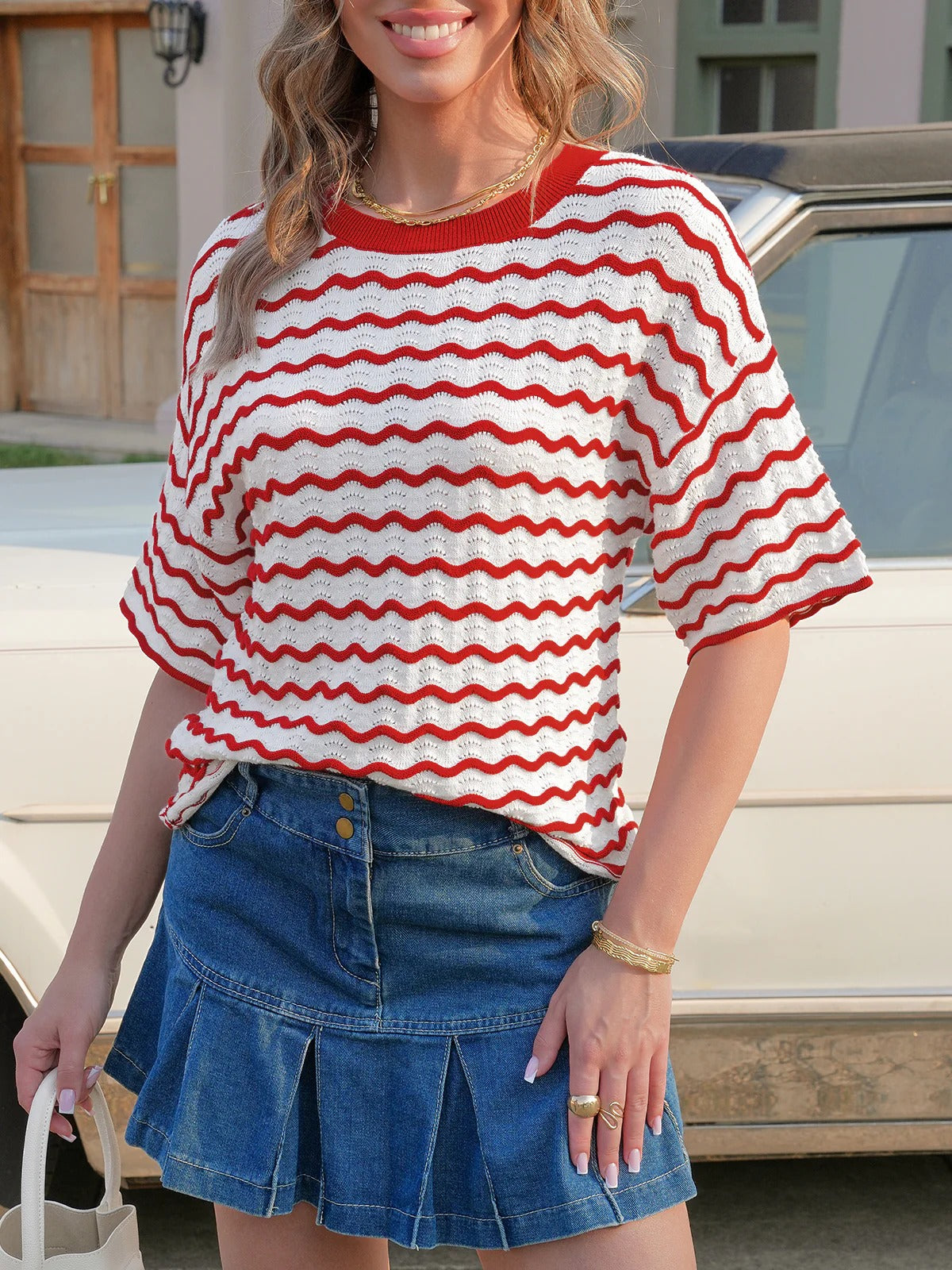 Women's Striped Oversized Tops Short Sleeve Loose Fit Color Block T-Shirts