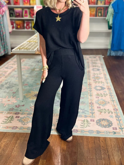 Women's Ribbed Short‑Sleeve Top & Wide Leg Pants Set