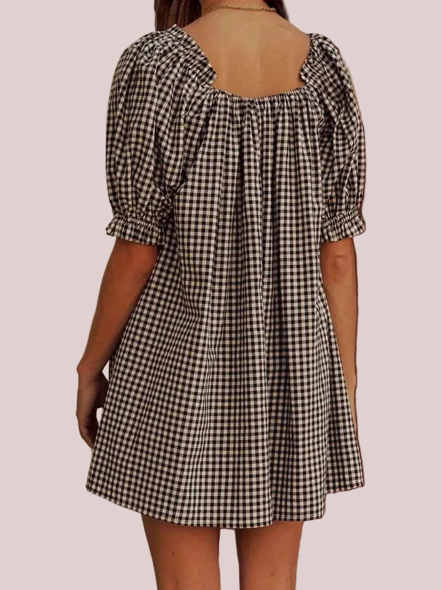 Women's Gingham Square Neck Bow Puff Sleeve Mini Dress