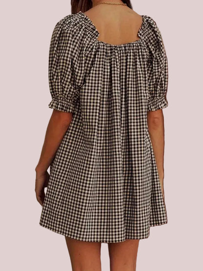 Women's Gingham Square Neck Bow Puff Sleeve Mini Dress