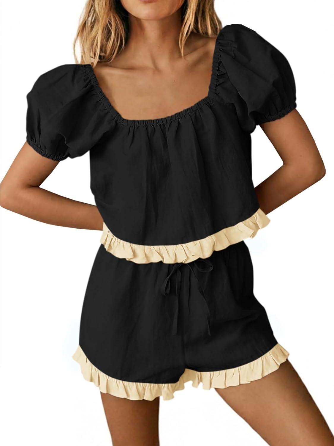 Women's Square Neck Frill Trim Matching Outfit