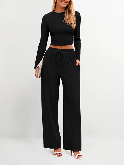 Women's Stretch Co-ord Set – Mock Neck Cropped Top & High Waist Wide Leg Pants