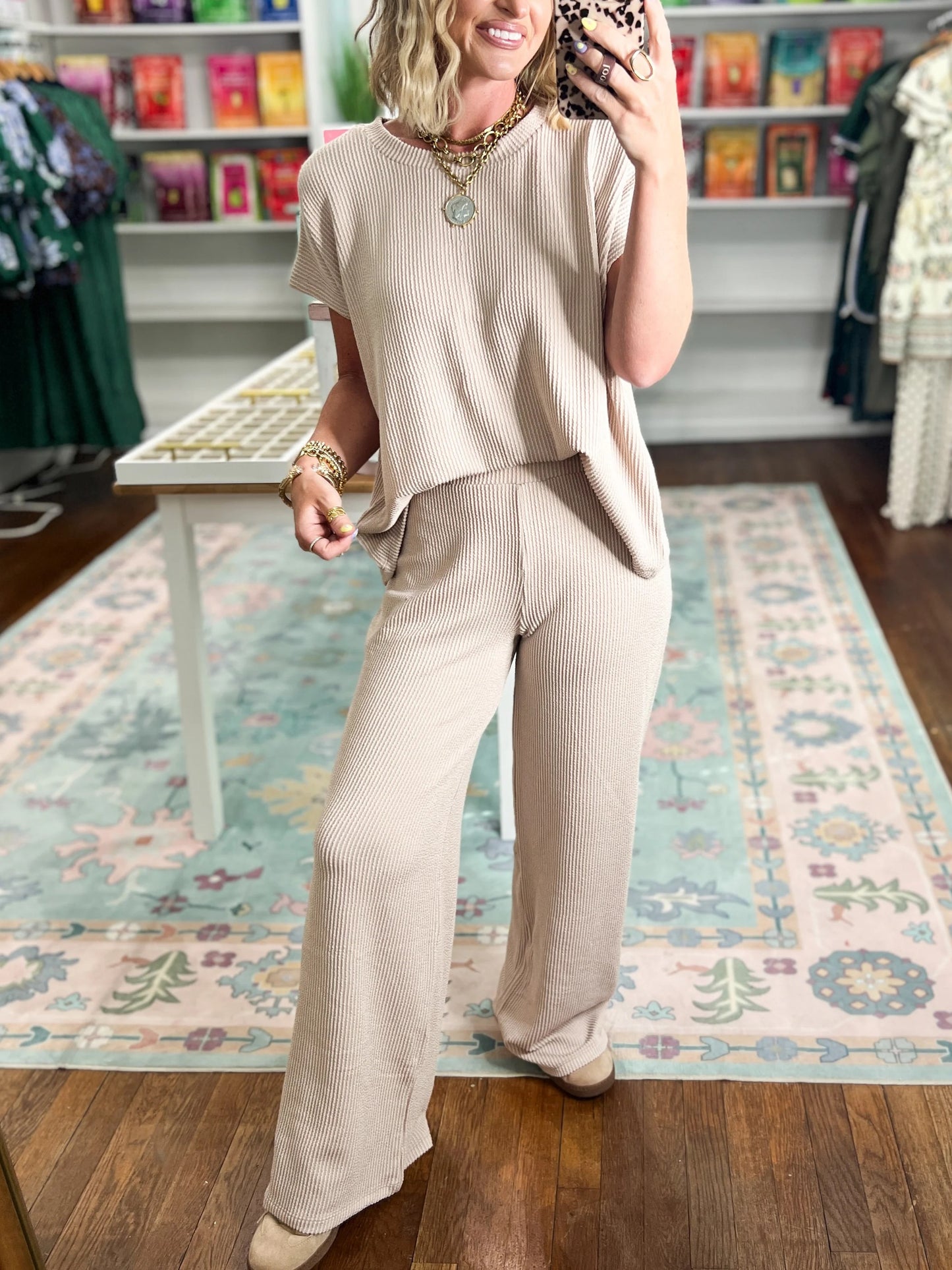 Women's Ribbed Short‑Sleeve Top & Wide Leg Pants Set