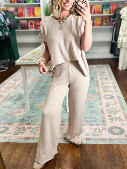 Women's Ribbed Short‑Sleeve Top & Wide Leg Pants Set