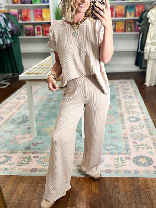 Women's Ribbed Short‑Sleeve Top & Wide Leg Pants Set