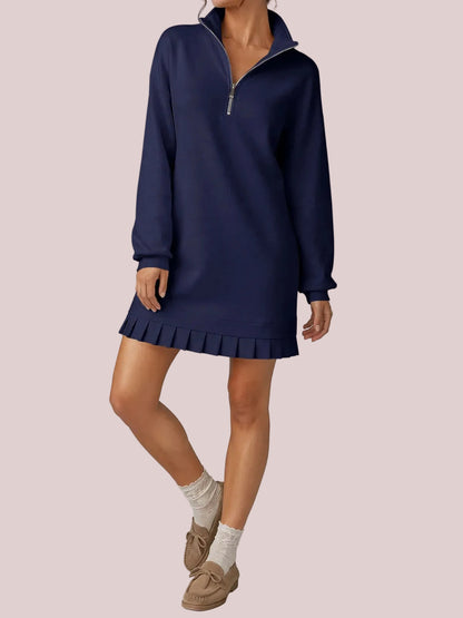 Women's Half Zip Sweatshirt Dress with Pleated Hem