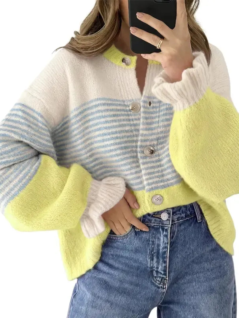 Women's Color Block Striped Ruffle Cuff Cardigan
