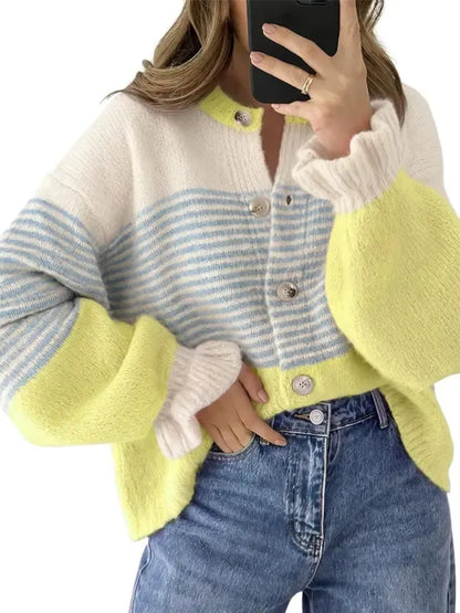 Women's Color Block Striped Ruffle Cuff Cardigan