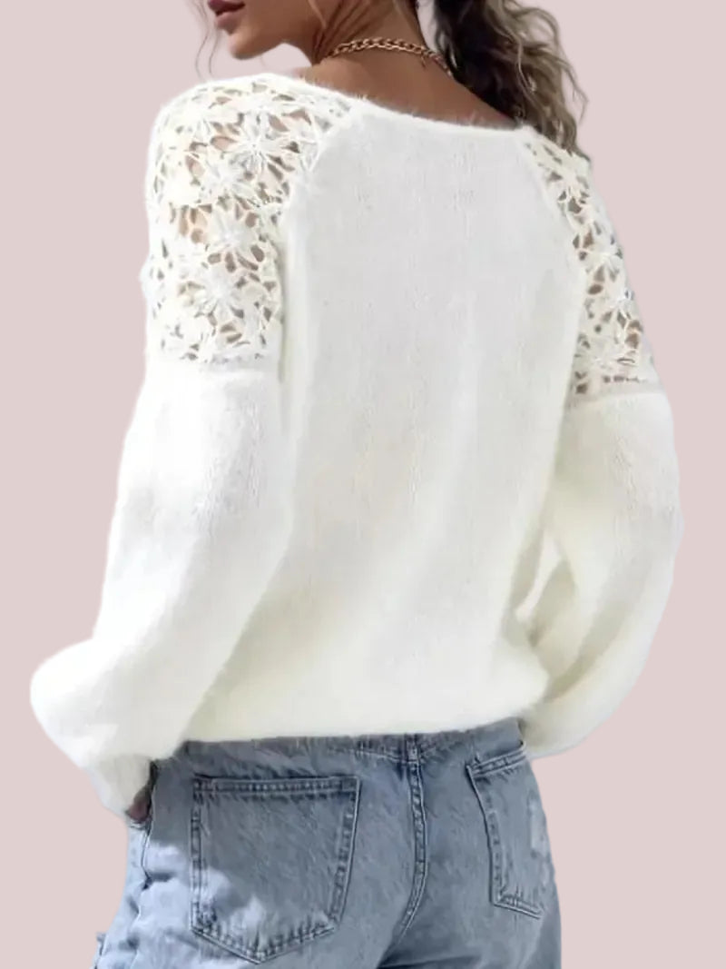 Women's Lace Panel Long Sleeve Loose Sweater Top