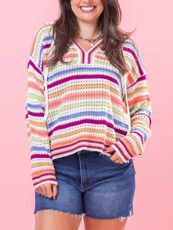 Women's Striped Hollow Knit Hooded Top