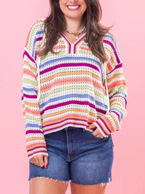 Women's Striped Hollow Knit Hooded Top