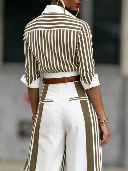 Women's Chic Striped Shirt Wide Leg Pants Set