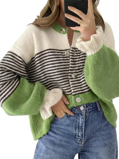 Women's Color Block Striped Ruffle Cuff Cardigan