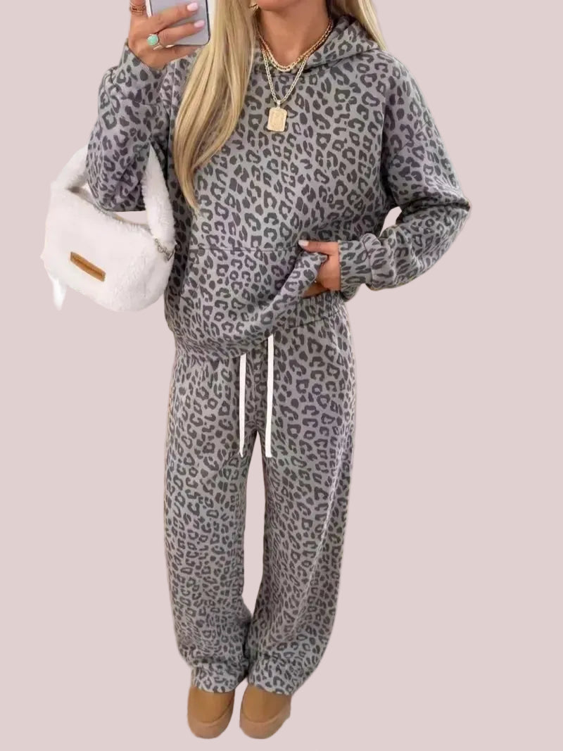 Women's Leopard Print Hooded 2 Piece Set