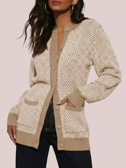 Women's Houndstooth Cardigan Sweaters with Front Patch Pockets