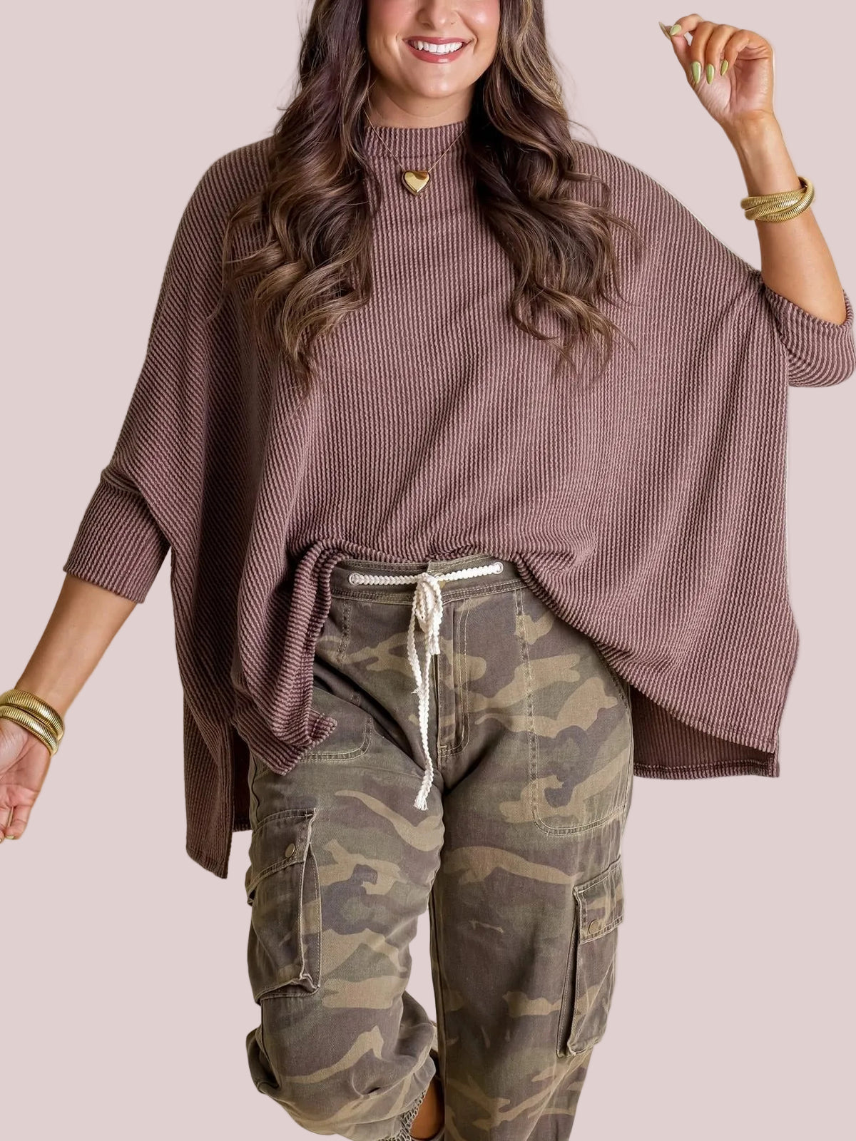 Women's Soft Ribbed 3/4 Sleeve Oversized Top