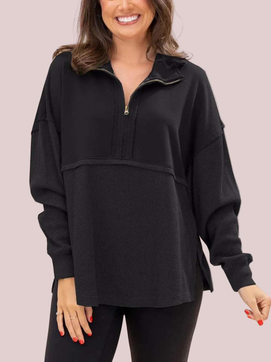 Women's Waffle Knit Spliced Half Zip Pullover