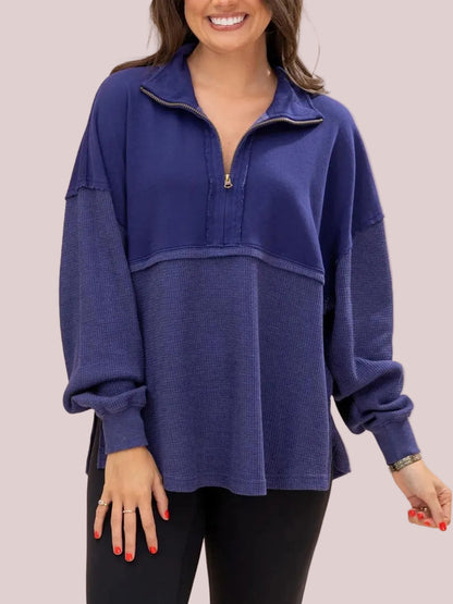Women's Waffle Knit Spliced Half Zip Pullover