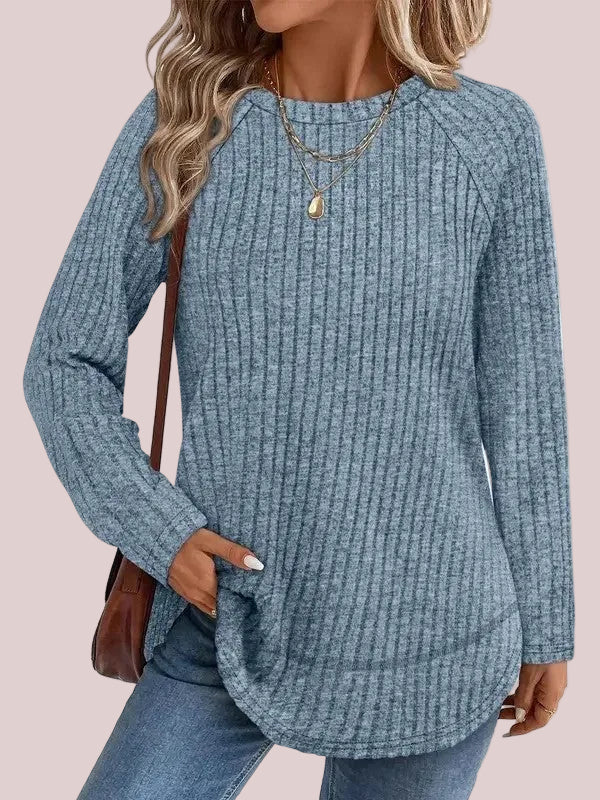 Women's Color Block Raglan Sleeve Ribbed Crewneck Tunic Blouse